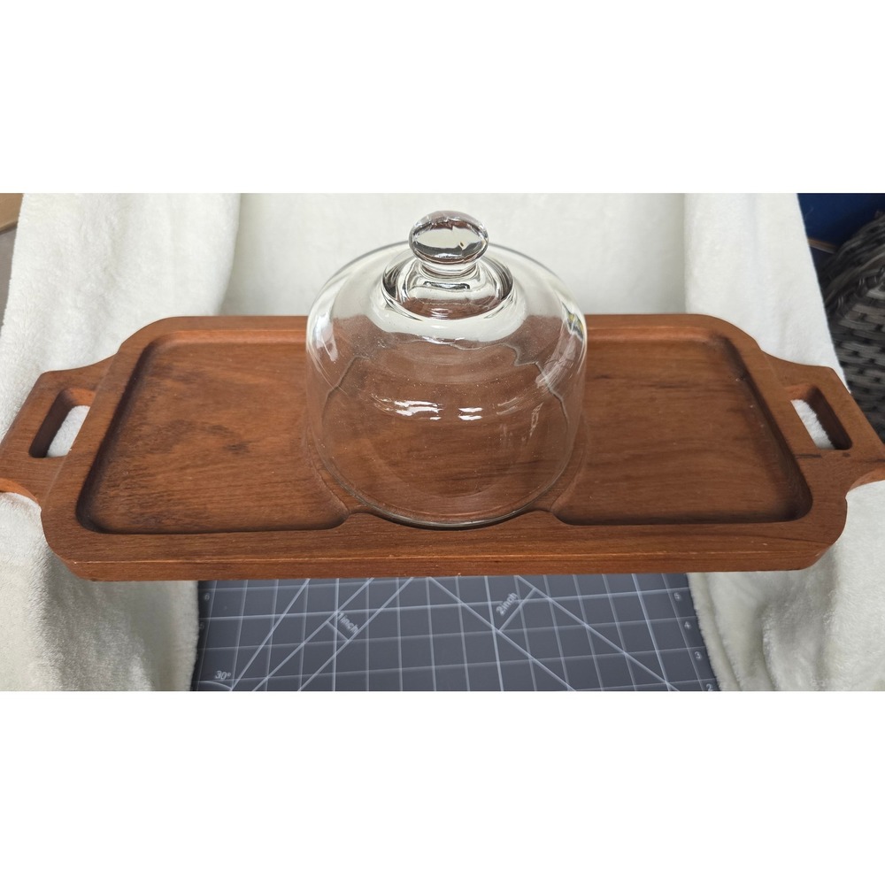 Vintage Goodwood Genuine Teak Cheese Board Cracker Tray with Glass Cloche Dome